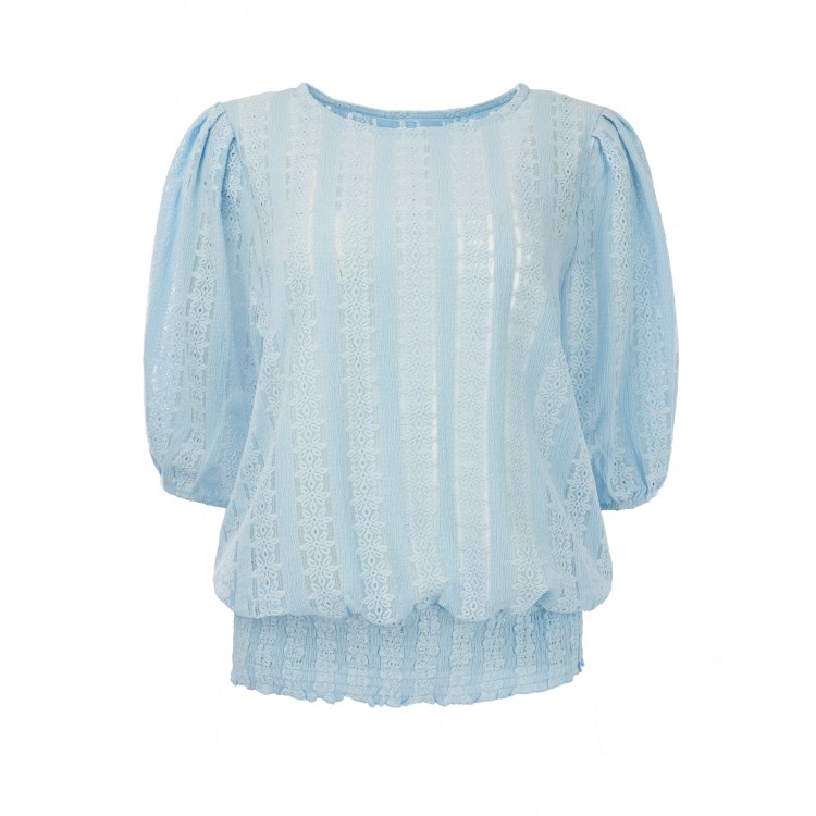 NED Amsterdam Top Morant 1/2 SS Floral Ajour Tricot blauw